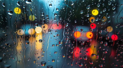 Aufkleber - A rain covered window with traffic lights glowing in the background, showcasing the urban environment during a rainy day. The droplets of rain obscure the view outside, creating a moody atmosphere.