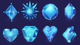 An abstract set of diamond crystals in the shape of a star, a heart, and a crown. A modern cartoon set of shiny blue gemstones cut from glass, ice, or rhinestones isolated on a white background.