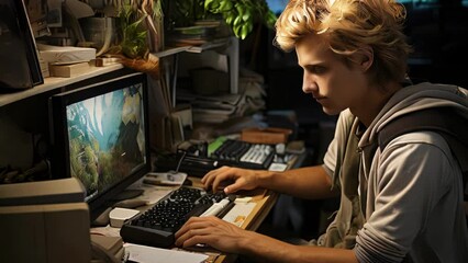 Poster - A man works or plays in front of a monitor while sitting at a computer, the concept of remote work and streaming video games