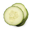 Stack of fresh cut cucumber isolated on white, top view