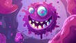 In this cartoon, a cute one-eyed virus cell or germ character is smiling, with a bright purple body and long tail.