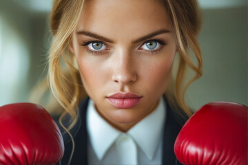 A woman in business attire with boxing gloves.