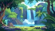© Mark - Cartoon illustration showing waterfall with trees, lianas, and rocks in tropical jungle. Summer exotic landscape with rainforest, grass, stones, and cascades of water.