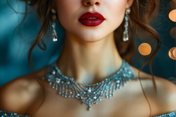 Poster - A beautiful woman with red lipstick and diamond necklace.