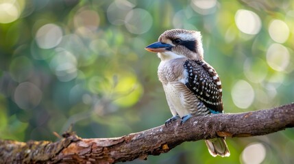 Poster - A small bird known as a Kookaburra is perched on a tree branch, showcasing its distinct features. The bird appears to be observing its surroundings while staying balanced on the sturdy branch.