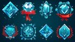 Luxury blue germstone or frozen avatar templates decorated with red ribbons, ice leaves, and sophisticated royal crowns for game use. Collection of round UI designs.