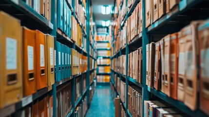 Poster - A long row of shelves stretch out, lined with numerous books neatly arranged from top to bottom. The shelves are packed with a vast collection of books, creating a visually appealing and organized dis