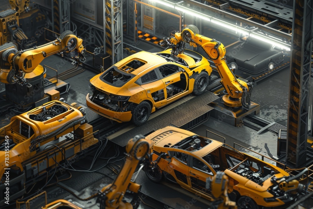An automated car manufacturing plant, with robots assembling vehicles ...