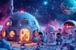 Surreal 3D moon base school, with cute astronaut kids learning about space exploration and lunar geology