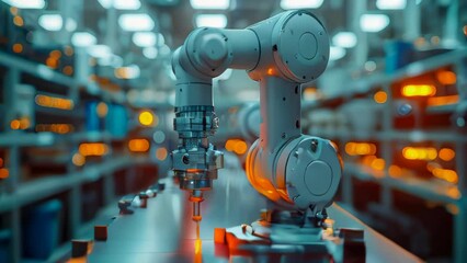 Poster - robotic arms working on assembly line in factory. Concept of artificial intelligence for industrial revolution and automation manufacturing process