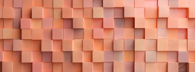 Apricot colored 3d wooden block wall cubic texture background. Modern woodwork wallpaper artwork design.