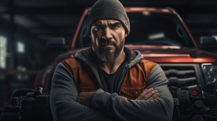 Poster - Generative AI Portrait of an auto mechanic with a toolbox, professional and confident, garage setting with vehicle lifts visible
