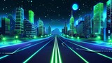 Fototapeta  - Urban architecture, megalopolis infrastructure in darkness, cartoon modern illustration of a night city street with green neon illumination.