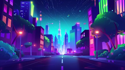 Poster - An illuminated night street with green neon illumination. A view of a megalopolis' infrastructure in the dark, with urban architecture. Cartoon modern illustration of an urban landscape in the dark.