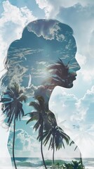 Poster - A double exposure featuring a womans face overlapping with palm trees in the foreground. The blending of the two elements creates a striking visual effect.