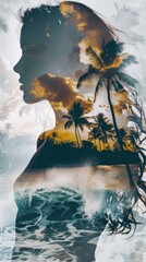 Poster - A double exposure showing a womans face superimposed with palm trees in the background, creating a unique and artistic visual effect.