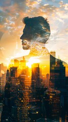 Poster - A double exposure image featuring a mans face superimposed over a bustling cityscape. The mans features are sharply contrasted against the backdrop of towering buildings and busy streets.