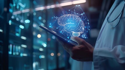 Poster - Person Holding Tablet With Brain Icon