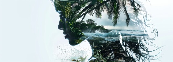 Poster - A close-up view of a womans face with a vibrant palm tree in the background, creating a double exposure effect. The womans features are distinct, with the palm tree blending seamlessly into the compos