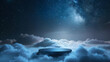 3d blue podium on background of clouds and stars, space for product presentation, night sky background with fog 16:9