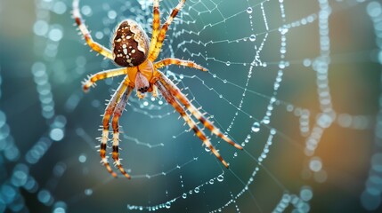 Water droplets on spider web with a spider in focus on a blurred background
