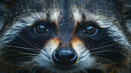 Wall Mural - Intense close-up of a raccoon's face with striking eyes and whiskers