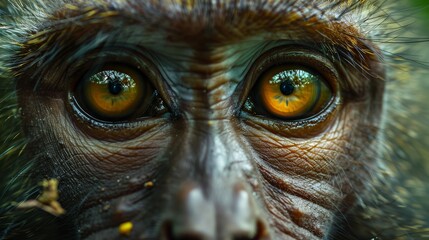 Wall Mural - Close-up of a monkey's expressive eyes with intricate face detail
