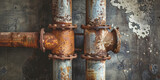 Fototapeta  - Close-up Old rusty pipes in an apartment. Renovation of dilapidated housing, replacement of plumbing and pipes. 