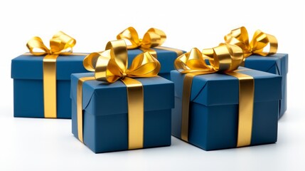 Aufkleber - Generative AI 5 blue gifts wrapped with golden ribbon on a white isolated background