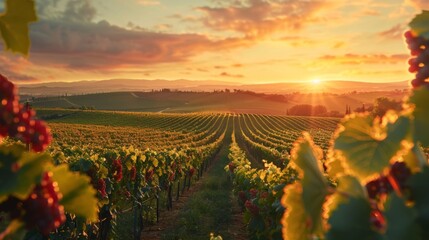 Poster - A field of grapes with a beautiful sunset in the background. The grapes are ripe and ready to be harvested
