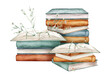 Set of books with plants and white flowers watercolor illustration isolated on white background. Open and stack of books clipart brown green colors. Vintage old textbooks watercolor hand drawn.