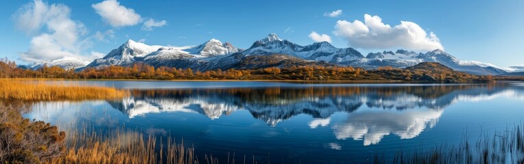 Poster - A beautiful lake with mountains in the background. The water is calm and the sky is clear. The reflection of the mountains in the water creates a serene and peaceful atmosphere