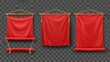 Modern realistic mockup of red canvas banners with horizontal fabric flags and scarlet cloth placards with folds.