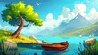 The landscape of a mountain lake with dock and boat cartoon modern background. There are trees and water on the shore. The landscape of an outdoor area with a river for location on the coast is calm