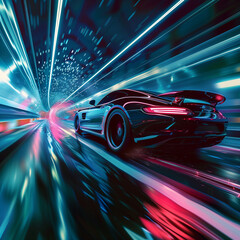 Poster - fast moving modern car in a tunnel, high speed motion effect 