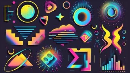 Wall Mural - The set of geometric forms and symbols is designed in a retro futuristic 2000s style and features psychedelic elements.