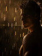 Handsome young man with muscular body and pecs under the rain
