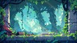 This cartoon game UI design collection includes lush green liana vines and creepy creepy branches, a wooden signboard with leaves and flowers, and a dark marshy stone banner with moss.