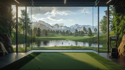 Wall Mural - View of golf course simulator with mountains in background from building