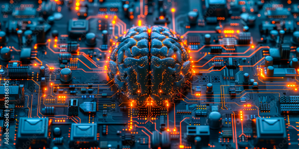 Exploring Intelligent Computer AI on a computer motherboard. Smart automatic computer brain ...