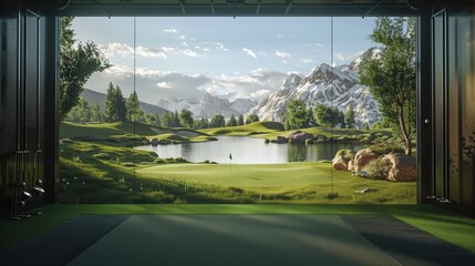 view of golf course simulator with mountains in background from building