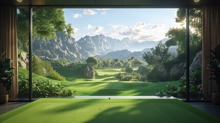 Wall Mural - View of golf course simulator with mountains in background from building