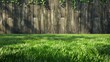 Fresh spring green grass and leaf plant over wood fence background