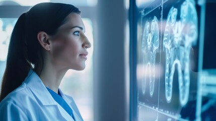 Poster - Female Scientist Analyzing Data on Computer Screen