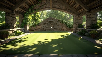 Wall Mural - View of golf course simulator with mountains in background from building