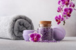 Bath products for wellness and spa with purple orchid flowers