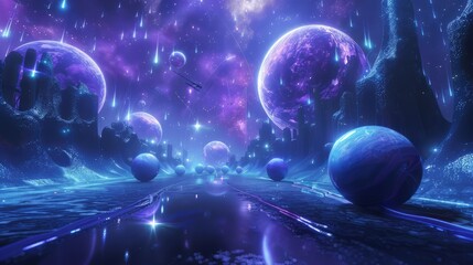 Wall Mural - Ethereal 3D scene with glowing orbs and celestial bodies