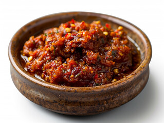 Wall Mural - Sambal isolated on white background. It is made from chilies that have been finely ground and then cooked in a stir-fry.