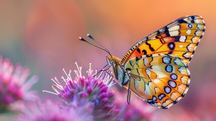 Sticker - Elegant Beauty: Brightly Colored Butterfly on a Wildflower in Natural Light, generative ai