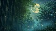 A tranquil bamboo forest bathed in the soft light of a full moon, with towering stalks swaying gently in the night breeze and fireflies dancing among the leaves.

